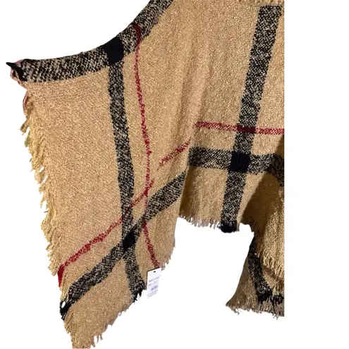 Tan Plaid Fringe Knit Poncho Sweater Pullover Turtleneck One Size NWT