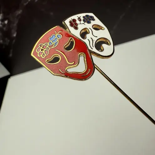 Comedy Tragedy Drama Mask Lapel Stick Pin Gold Tone Enamel White Red