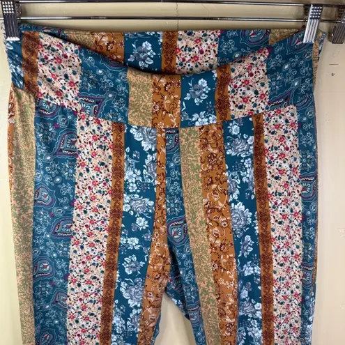 Earthbound Trading Co XL Floral Paisley Flare Leggings Boho Retro Pants Bell Blue Size 1X