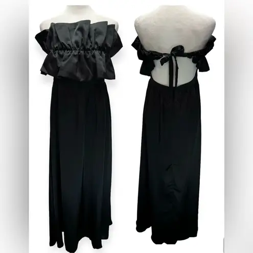 Mittoshop Black Satin Ruffle Top Open Back Strapless Cocktail Party Maxi Dress
