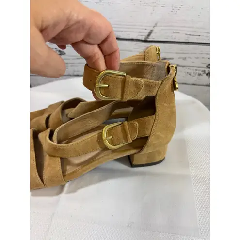 Bettye Muller Women's Tan Suede Gold Buckle Sandals Size 7.5