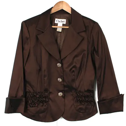 Cachet Womens 8 Satin Metallic Blazer Jacket Ruffled Preppy Edgy Whimsygoth Brown