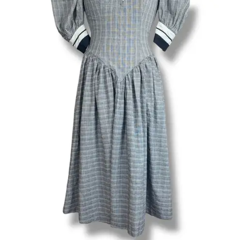 Vintage 80s Leslie Lucks Plaid Puff Sleeve Dress Navy Blue White Midi Retro