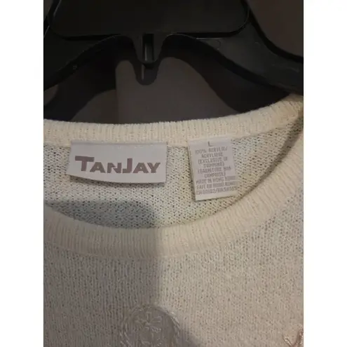 Tan Jay Women's Large Cream Sweater, Embroidered Pink Flowers, Vintage Pullover