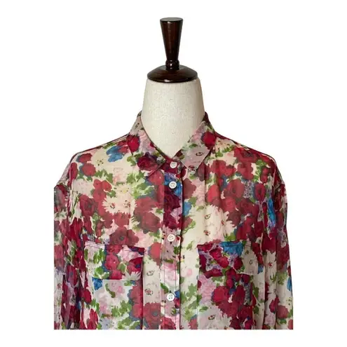 Equipment Ivory And Red Floral Print Silk Long Sleeve Button Down Top Size XS