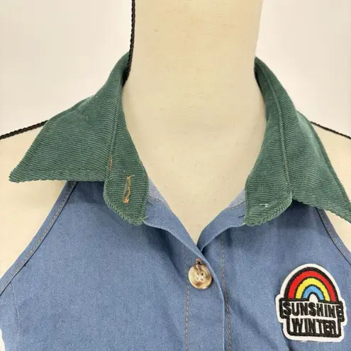 Kollyy Halter Crop Top‎ Blouse Blue Button Front Size Medium Green Collar