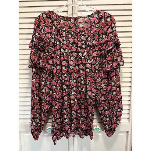 Rachel Roy Black/Red Floral Long Balloon Sleeve Keyhole Ruffle Blouse Size L Black Size L