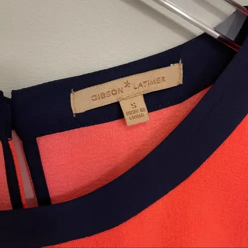 Gibson Latimer Stripe Dress Neutral & Neon & Navy Short Sleeve Mini Size Small