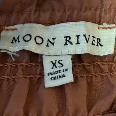 Moon River Brown Silk Satin Short Puff Sleeve Smocked Midi A-Line Dress Size XS