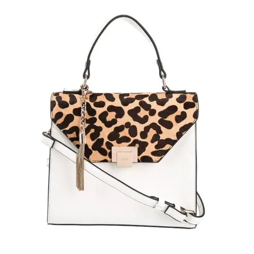 Dune London White Saffiano Leather Leopard Print Calf Hair Fur Trimmed Hand Bag