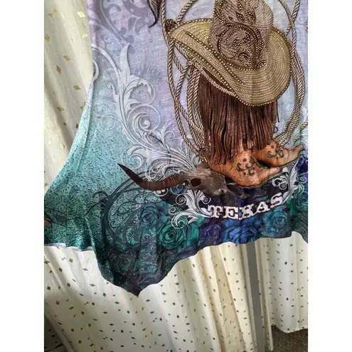 Sweet Gisele Cowgirl Texas Bling Jewels Boots Hat Ombre Handkerchief Hem Shirt M Blue Size M