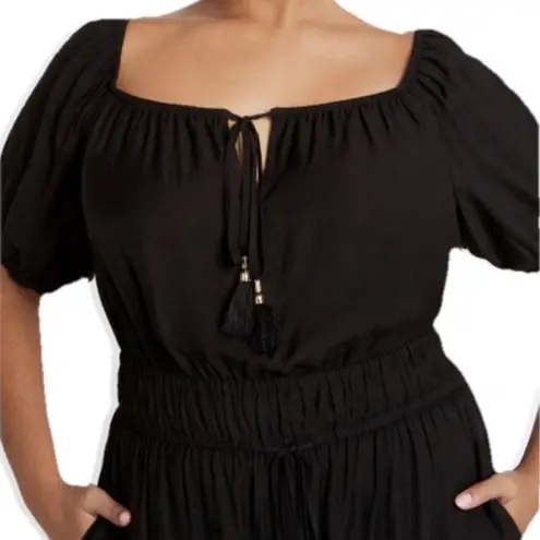 City Chic Erica Jumpsuit Wide Leg Tassel Ties Puff Sleeve Black XL / 22