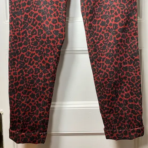 LIU JO Leopard Print Velvet Corduroy Tapered Chinos Burgundy Red/Black Sz 29 Red