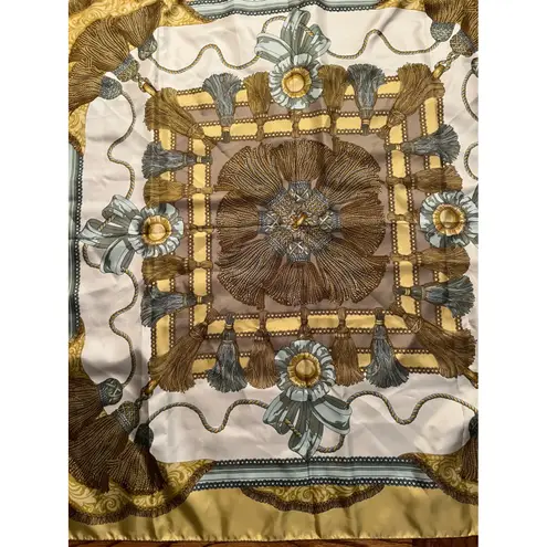 Italian 100% Silk Scarf Baroque Tassel Print Gold Blue Taupe Cream 34" Square