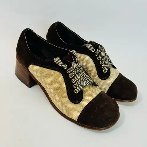60s/70s Joseph Larose Mod Patchwork Oxfords, Suede/Tweed, Wooden Platform Heels Brown Size 5.5