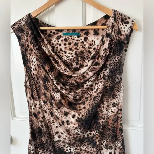 Velvet by Graham & Spencer Soft Leopard Print Stretch Dress Draped Neck Size L Brown Size L