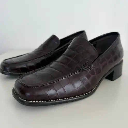 Vintage Nino Cerruti Loafers Womens 6 Croc Embossed Leather Square Toe Oxblood Black