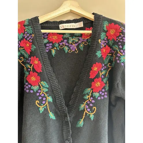 VTG Venezia Cardigan Women's 18/20 Black Heavy Floral Grandma Boho Cottage Core