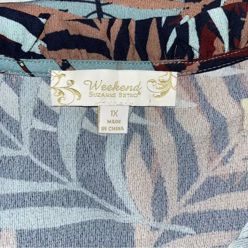 Weekend Suzanne Betro Leaf Patterned Short Sleeve Blouse Top Size 1X Black