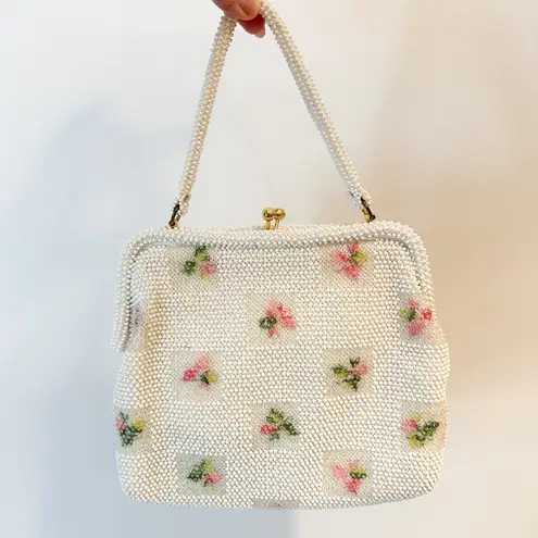 Vintage Floral Beaded handbag purse with hand mirror change wallet White Pink