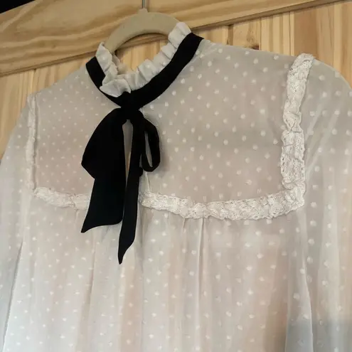 Takara White Sheer Dotted Swiss Prairie Blouse with Black Bow size Large
