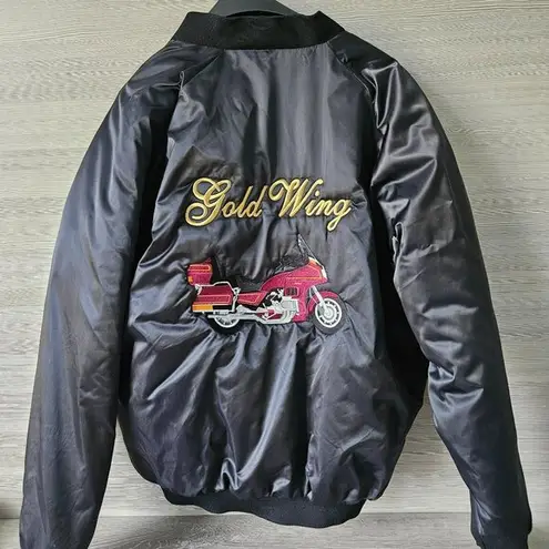 Vintage 90s Black Satin Bomber Jacket Moto Goldwing Graphic NAME Cardinal XL