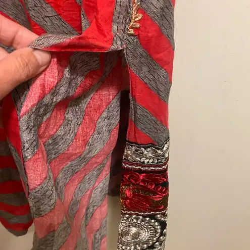 Womens Midi Dress M Bust 36” Gray & Red Stripes Embroidered Bottom Boho Size M