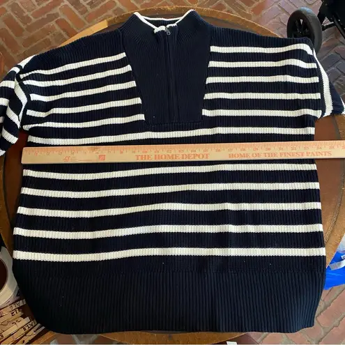 Lands End Navy Cream Stripe Quarter Zip Up Fisherman Sweater Large Tall NWT prep Blue