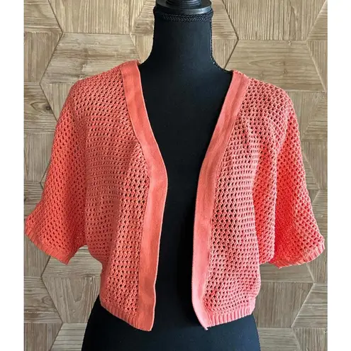 Womens Cropped Cardigan S/M Peach Short Sleeve Crochet Open Front Boho Fairy Orange - Image 1