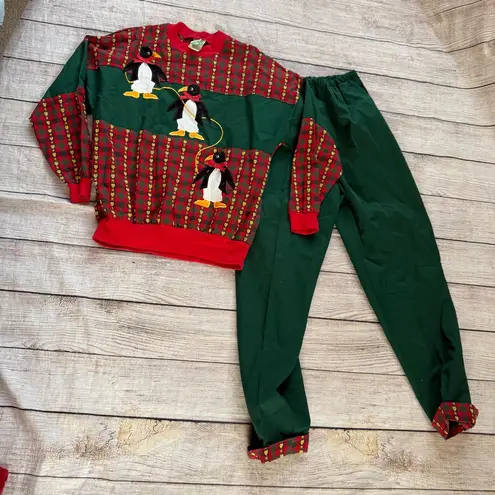The Frog Pond Vintage Applique Sweatshirt + Pants Set Christmas Penguin Sz Small Red