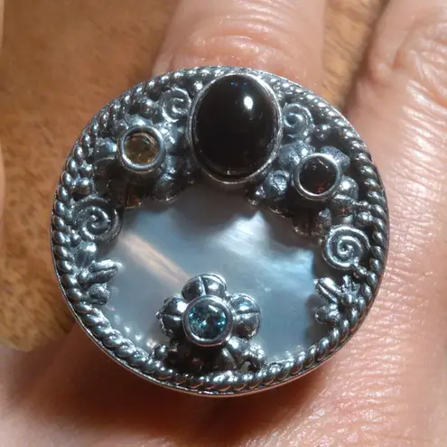 Shungite Multi Gemstone Mother of Pearl Sterling Silver Cocktail Ring (Size 7)