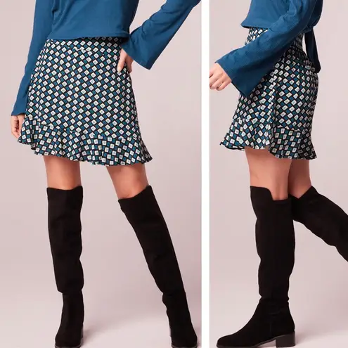 Band Of The Free New Diamond Print Ruffle Mini Skirt Colette Black Teal Size XS