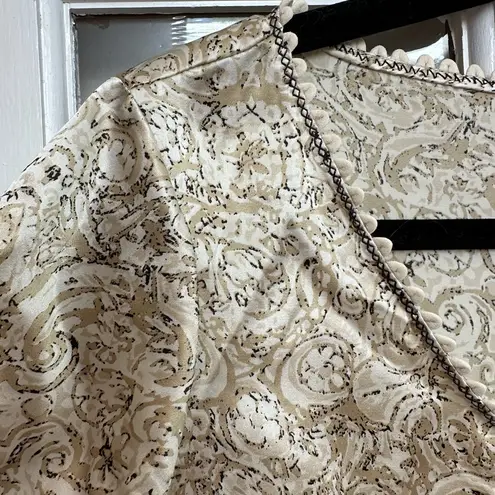 Josie Natori 100% Silk Cream & Gold Puff Sleeve Scalloped Neck Blouse Size XS
