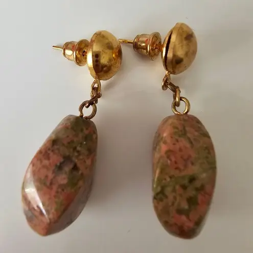 Unakite Jasper Crystal Gold Tone Metal Dangle Pierced Earrings Orange