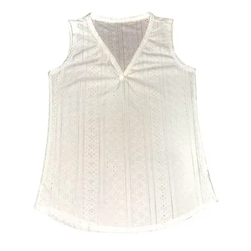 Medium White Sleeveless V Neck Top Eyelet Pattern Polyester Rayon Spandex Blend Size undefined