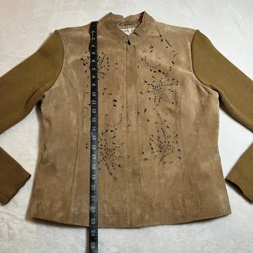 Coldwater Creek Suede Full Zip Jacket Size Med Laser Cutout Knit Ribbed Sleeves