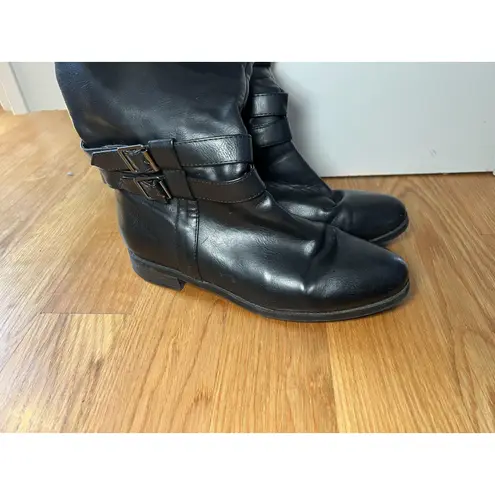 Toetos Diane Boots Womens Sz 7.5 Black Knee High Riding Buckle Zip Faux Leather