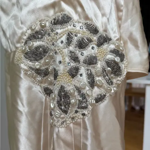 Antique 20s 30s Ivory Silk Bugle Bead Pearl Beaded Flapper Drop Waist Dress XS S White