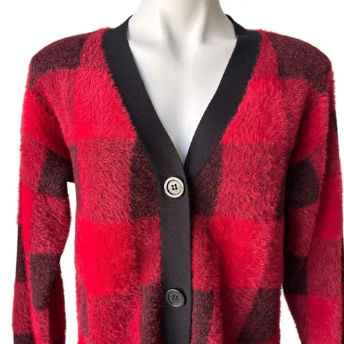 Cyrus Red/ Black Buffalo Plaid Button Down Fuzzy Cardigan Sweater, Sz S - Image 9