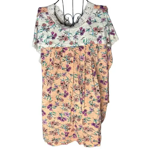 FOR THE REPUBLIC M Short Sleeve Embroidered Lace Trim Blouse Floral Cottage New