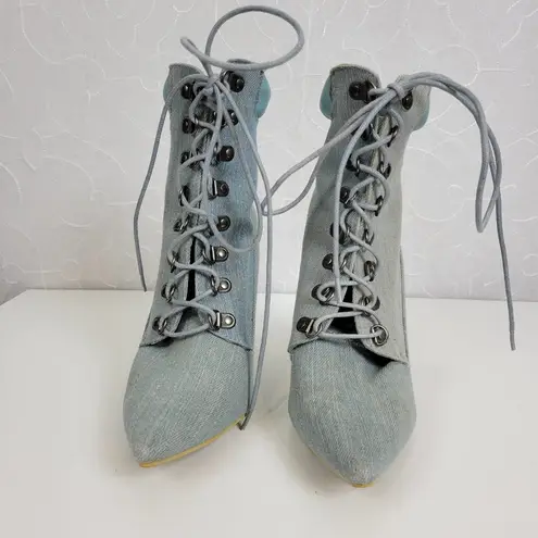 Cape Robbin Mini Womens Boots Size 8 Blue Denim Lace Up Pointed Toe Heel Bootie