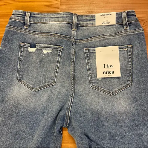 Mica Denim High Rise Stretchy Boy Crop Jeans 14W Destruction Ripped Cuff Hem New Blue