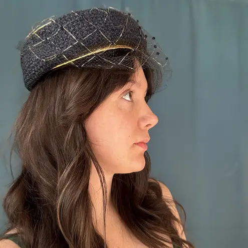 Vintage 50s Netted Straw Pillbox Hat Black