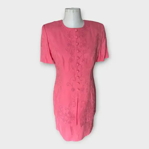Karin Stevens Vintage 80s Pink Embroidered Knee Length Shift jacket Dress sz 10