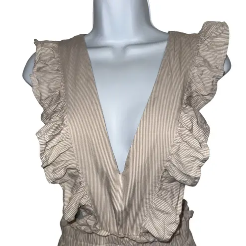 HAYDEN LOS ANGELES Ruffle Strap Wide Leg Pin Striped Cotton Jumpsuit EUC Small Tan