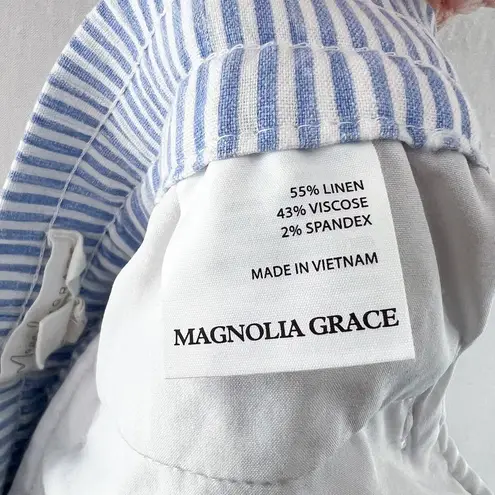 Magnolia Grace Women's Linen Wide Leg Pants Medium Pull On Blue Stripes Breezy