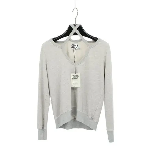 Pam & Gela NWT Rib Cross Neck Sweatshirt Heather Grey Pullover Top S