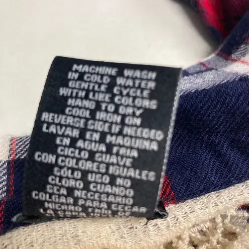 Justify Plaid Crochet Open Front Cardigan Shrug Large Red Blue White & Ivory