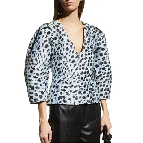 Ganni NWT Jacquard V-Neck Puff Sleeve Blouse in Leopard Print Size 34 XS
