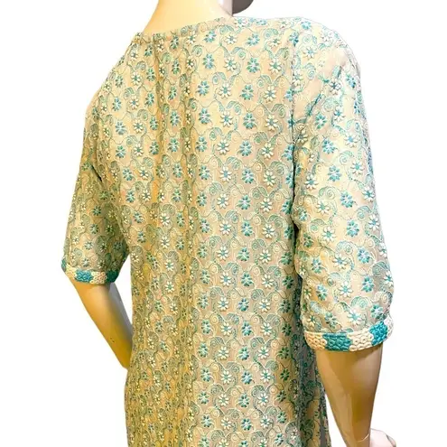 Kaira Split Neck Embroidered Floral Turquoise White Tunic Kurata XL Blue